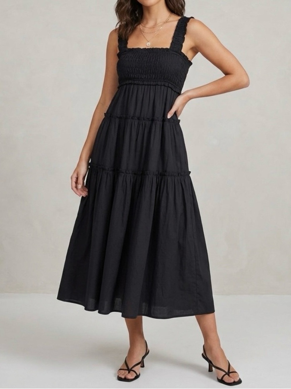 Anthropologie Maeve Black Smocked Tiered Midi Dress XS Cotton Ruffle Strap Boho